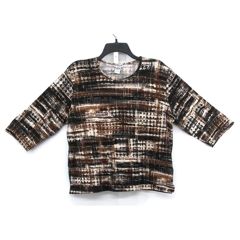 BonWorth Shirt Women Size L Brown Black 3/4 Sleeve Round Neck Casual Top